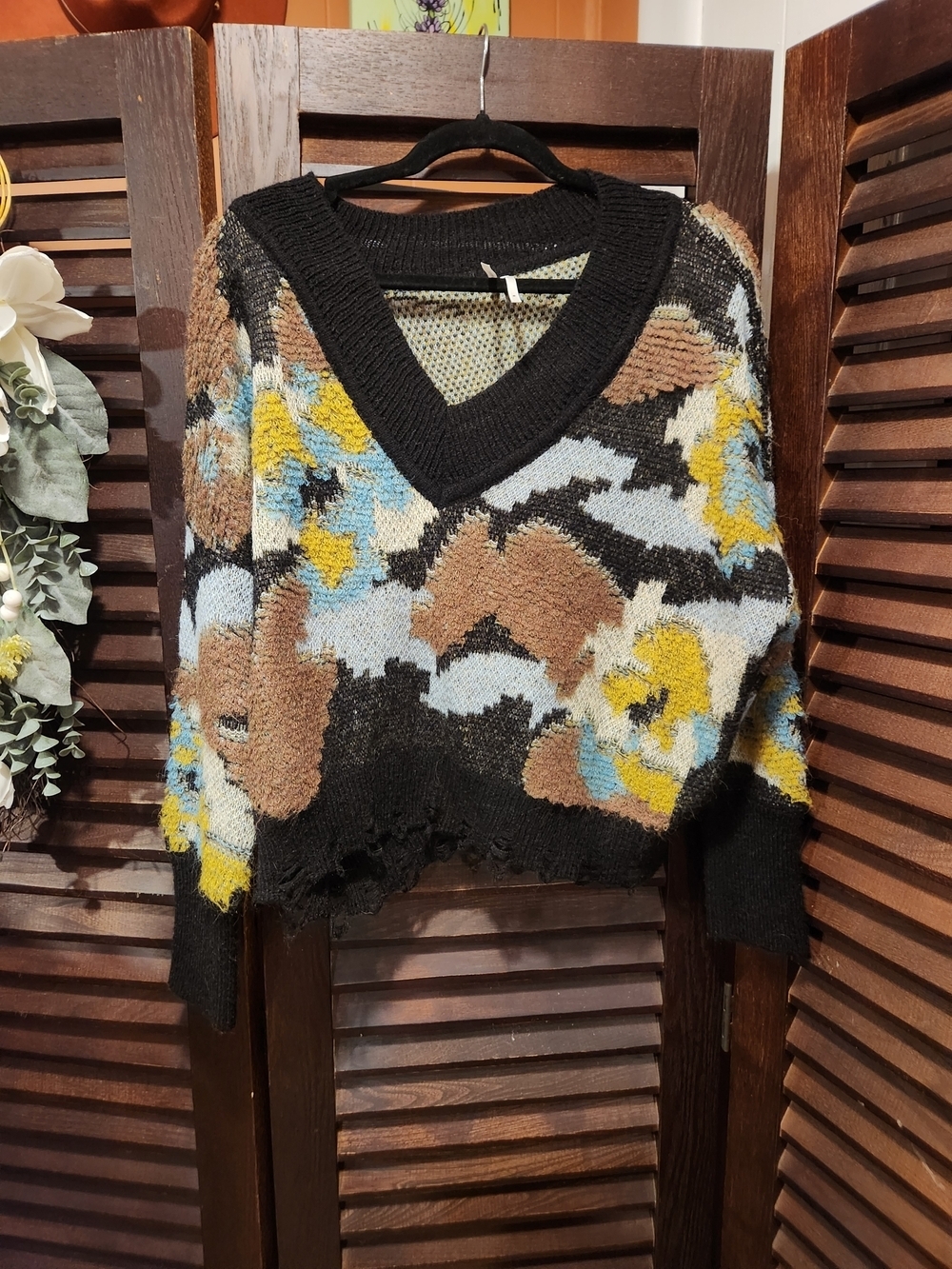 Anthropologie Multicolor Floral V-Neck Distressed Knit Sweater